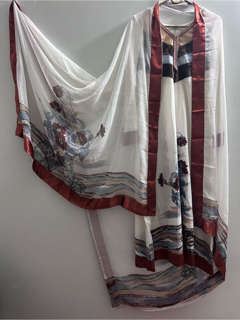 Hand painted and kamdani Chiffon Jorget 3pc Suit with Rust Trim